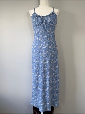 The Workshop Floral Maxi Dress Large Blue Ditsy Ruched Tie Spaghetti Strap